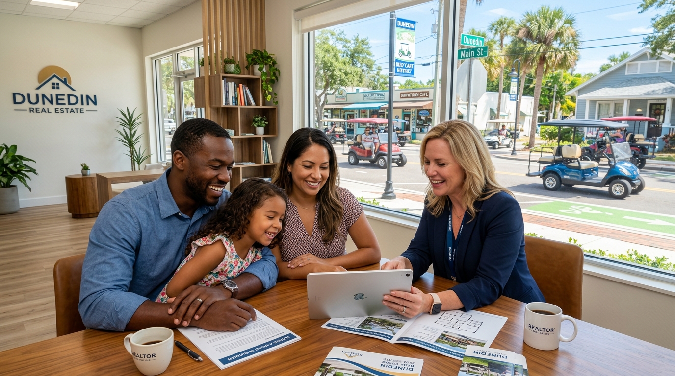 Family reviewing home buying documents in Dunedin Florida