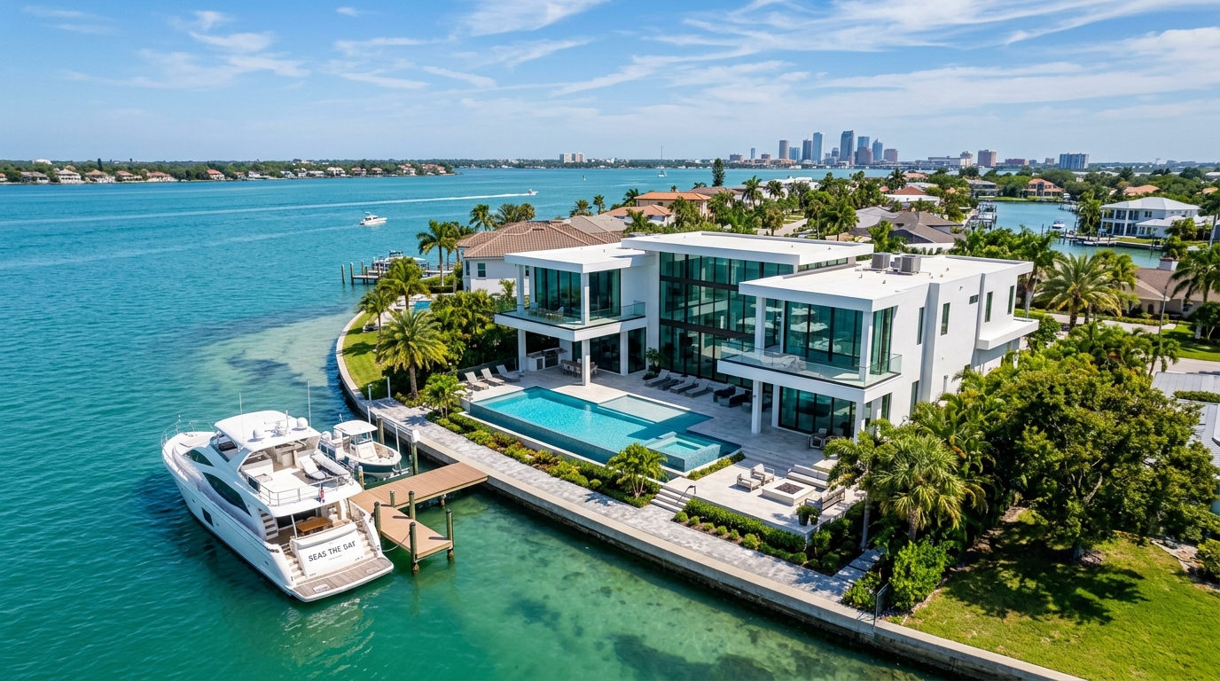 Luxury waterfront home Tampa Bay with boat dock